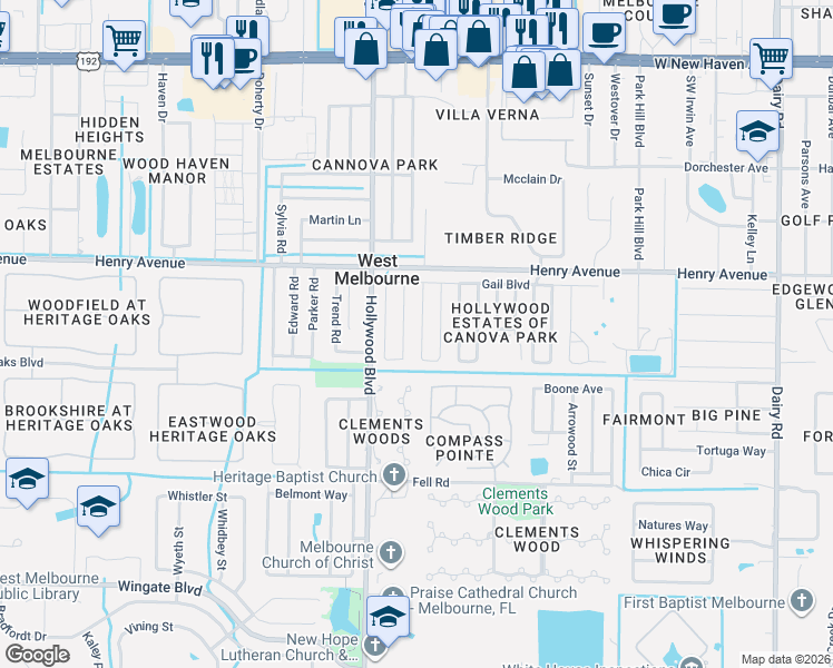 map of restaurants, bars, coffee shops, grocery stores, and more near 520 Marnie Circle in Melbourne