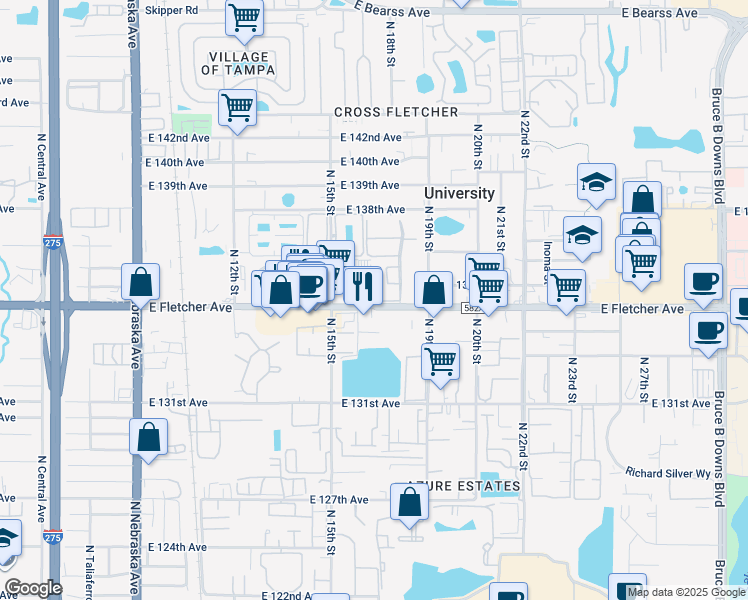 map of restaurants, bars, coffee shops, grocery stores, and more near 1518 East Fletcher Avenue in Tampa