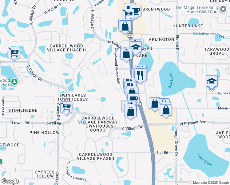 map of restaurants, bars, coffee shops, grocery stores, and more near 13618 Greenfield Drive in Tampa