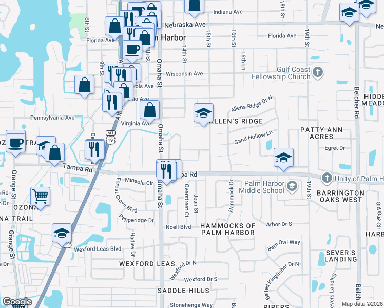 map of restaurants, bars, coffee shops, grocery stores, and more near 1434 Glenview Road in Palm Harbor