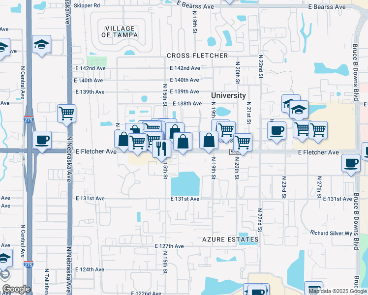 map of restaurants, bars, coffee shops, grocery stores, and more near 1518 East Fletcher Avenue in Tampa