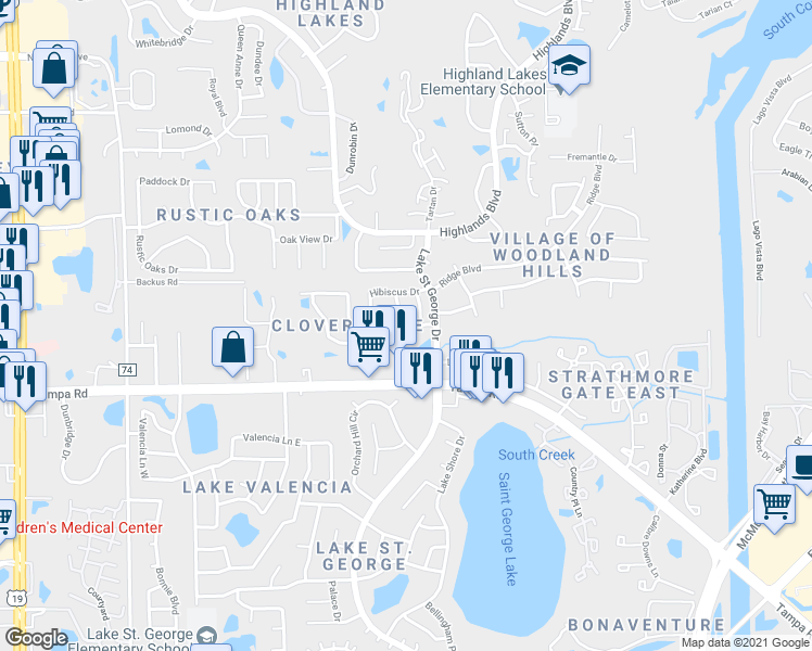 map of restaurants, bars, coffee shops, grocery stores, and more near 269 Petrea Drive in Palm Harbor