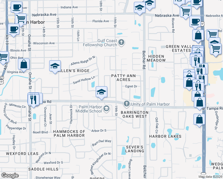 map of restaurants, bars, coffee shops, grocery stores, and more near 196 Cherry Laurel Drive in Palm Harbor