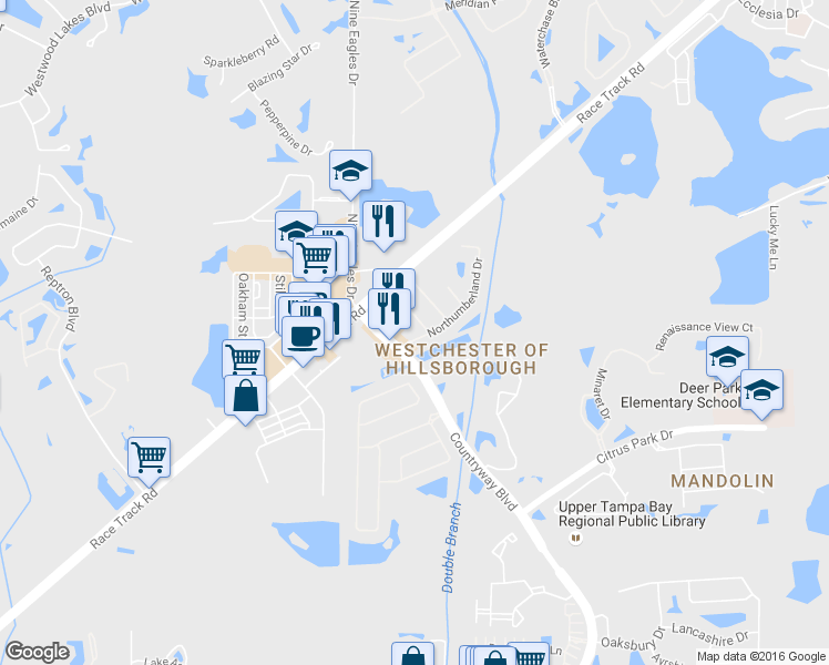 map of restaurants, bars, coffee shops, grocery stores, and more near 12027 Northumberland Drive in Tampa