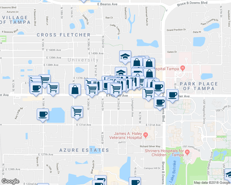 map of restaurants, bars, coffee shops, grocery stores, and more near 2230 East Fletcher Avenue in Tampa
