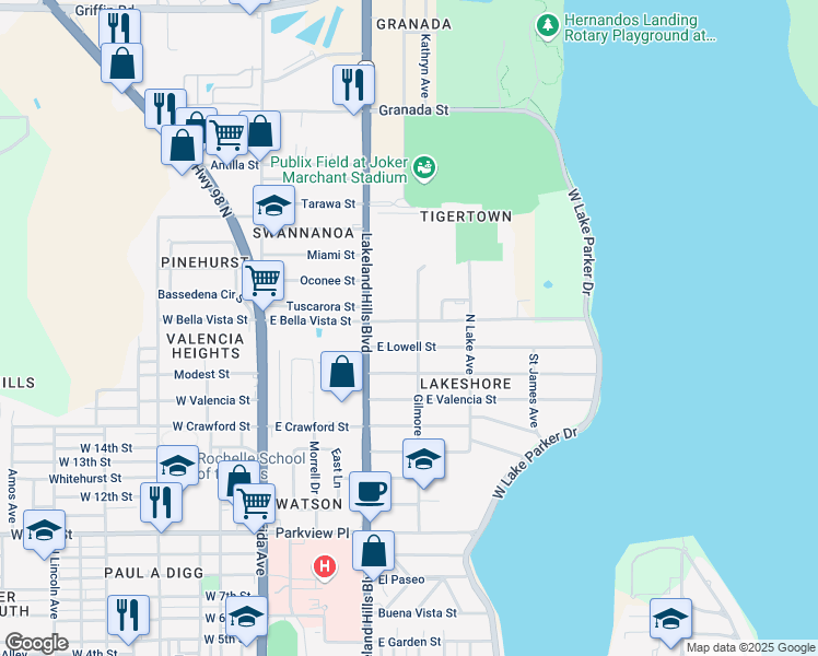 map of restaurants, bars, coffee shops, grocery stores, and more near 619 East Bella Vista Street in Lakeland