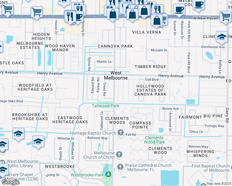 map of restaurants, bars, coffee shops, grocery stores, and more near 518 Jean Circle in West Melbourne