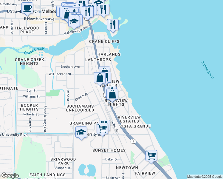map of restaurants, bars, coffee shops, grocery stores, and more near 1311 Shenandoah Drive in Melbourne