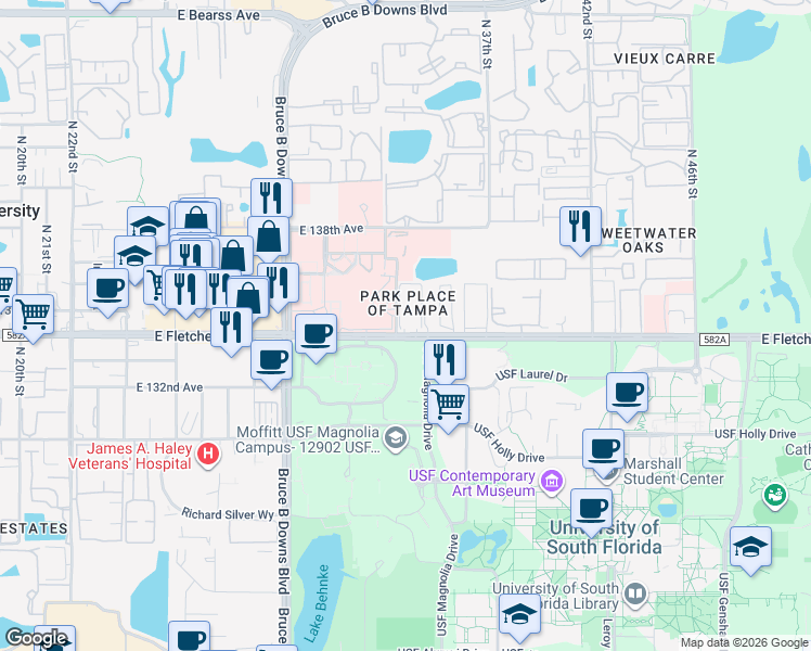 map of restaurants, bars, coffee shops, grocery stores, and more near 3100 East Fletcher Avenue in Tampa