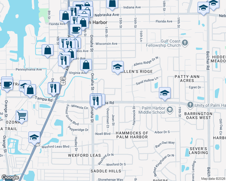 map of restaurants, bars, coffee shops, grocery stores, and more near 1434 Glenview Road in Palm Harbor