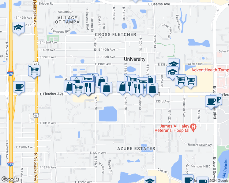 map of restaurants, bars, coffee shops, grocery stores, and more near 13604 Winward Drive in Tampa