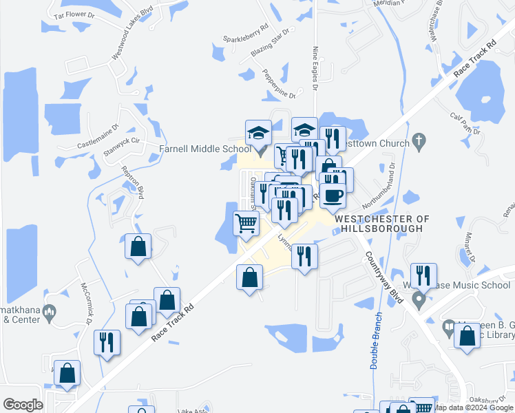 map of restaurants, bars, coffee shops, grocery stores, and more near 12632 Weston Dr in Tampa