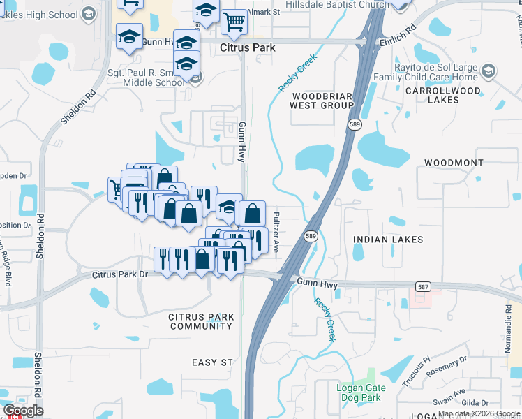 map of restaurants, bars, coffee shops, grocery stores, and more near 7412 Manhattan Drive in Tampa
