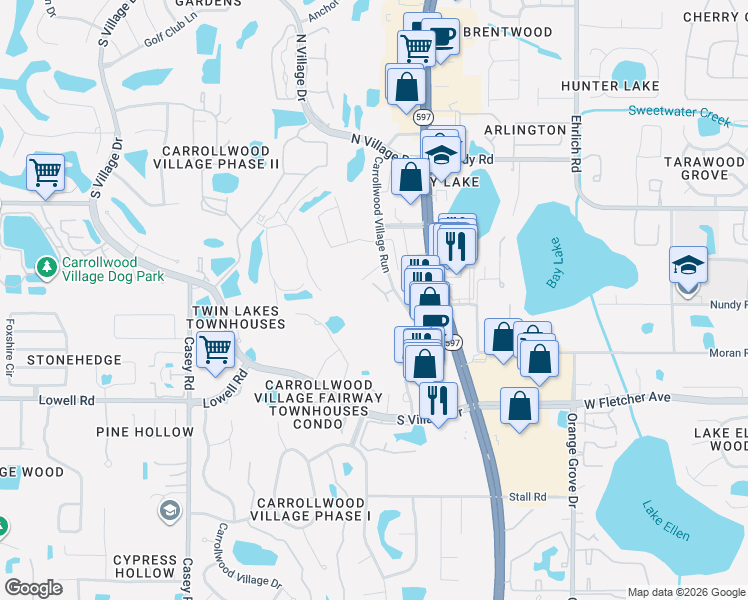 map of restaurants, bars, coffee shops, grocery stores, and more near 13618 Greenfield Drive in Tampa