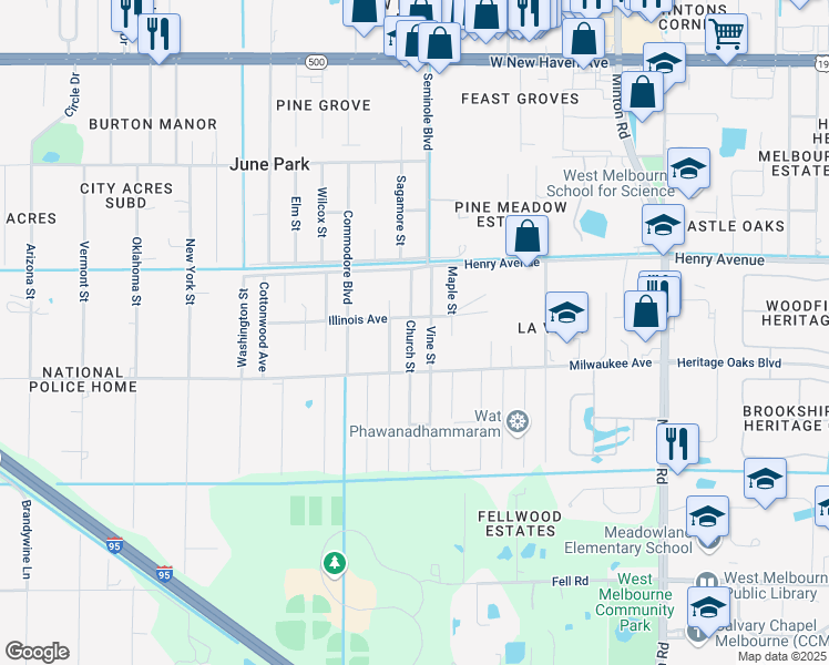 map of restaurants, bars, coffee shops, grocery stores, and more near 520 Church Street in Melbourne