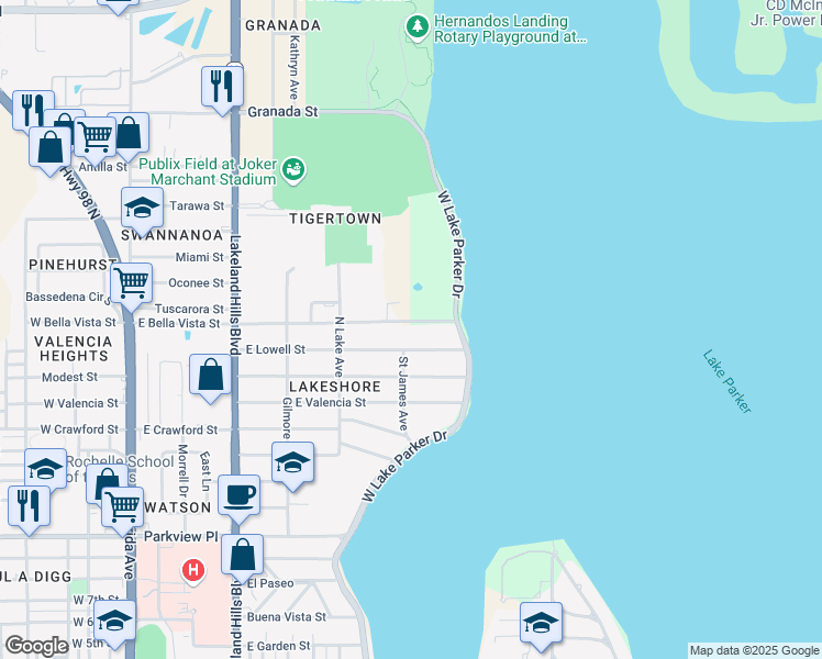 map of restaurants, bars, coffee shops, grocery stores, and more near 915 East Bella Vista Street in Lakeland