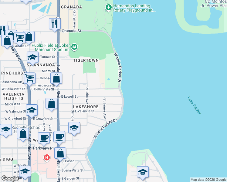 map of restaurants, bars, coffee shops, grocery stores, and more near 1938 West Lake Parker Drive in Lakeland
