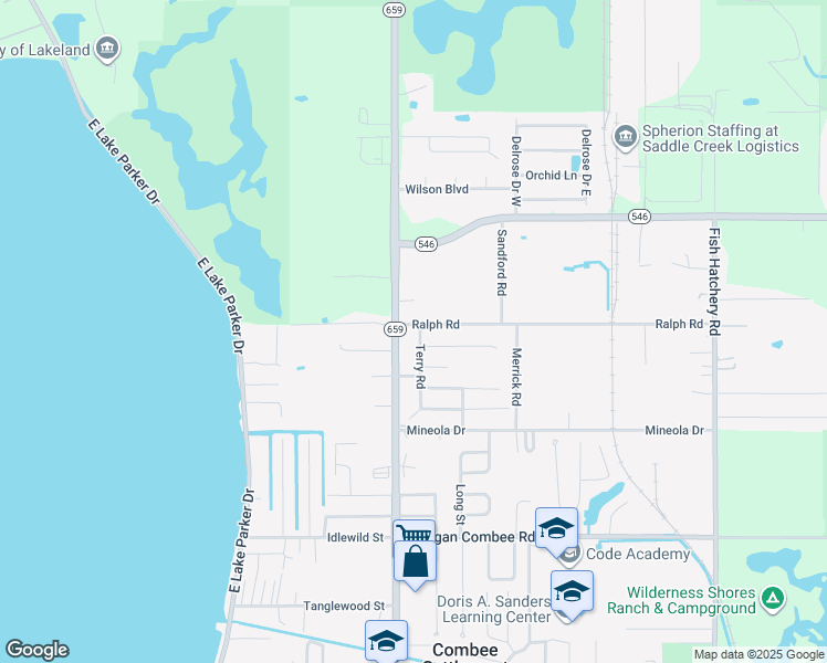 map of restaurants, bars, coffee shops, grocery stores, and more near 2613 Ralph Road in Lakeland