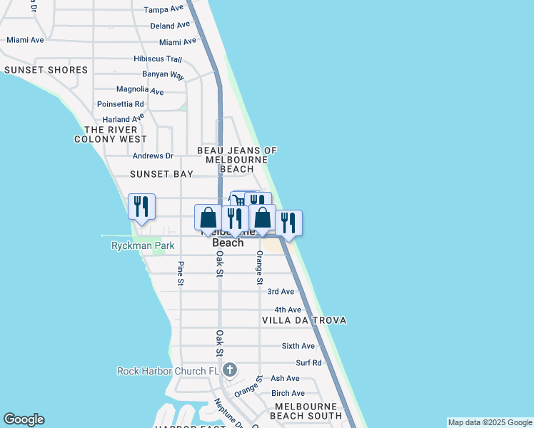 map of restaurants, bars, coffee shops, grocery stores, and more near 809 Atlantic Street in Melbourne Beach
