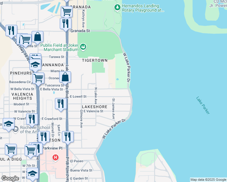 map of restaurants, bars, coffee shops, grocery stores, and more near 915 East Bella Vista Street in Lakeland