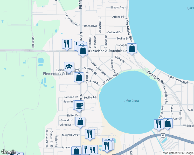 map of restaurants, bars, coffee shops, grocery stores, and more near 310 Granada Road in Auburndale