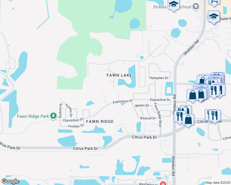 map of restaurants, bars, coffee shops, grocery stores, and more near 13514 Tufts Place in Tampa