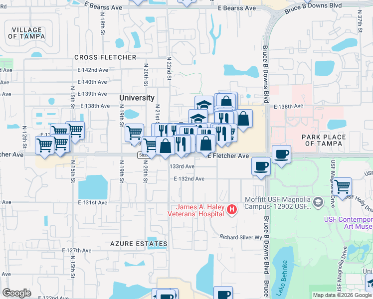map of restaurants, bars, coffee shops, grocery stores, and more near 2230 East Fletcher Avenue in Tampa