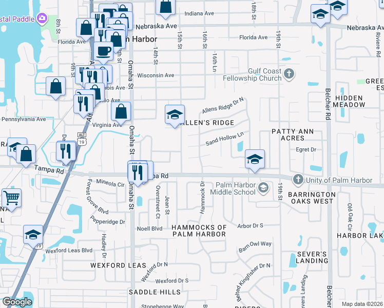 map of restaurants, bars, coffee shops, grocery stores, and more near 1521 Cumberland Court East in Palm Harbor