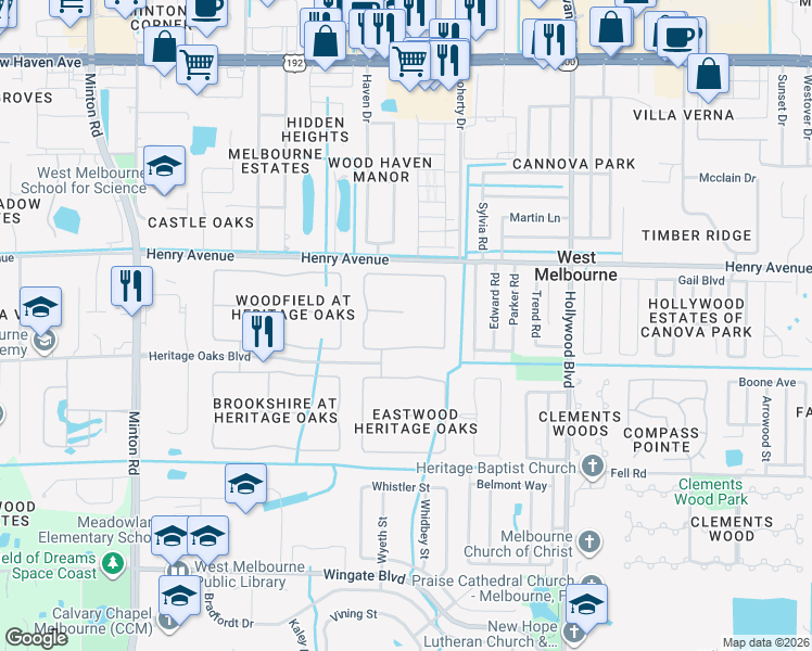 map of restaurants, bars, coffee shops, grocery stores, and more near 2337 Lylewood Court in Melbourne