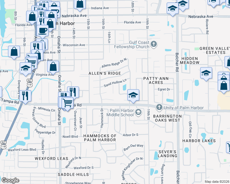 map of restaurants, bars, coffee shops, grocery stores, and more near 234 Alpine Court in Palm Harbor