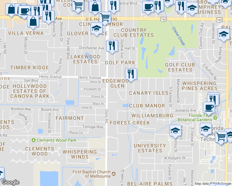 map of restaurants, bars, coffee shops, grocery stores, and more near 2604 Senator Way in Melbourne