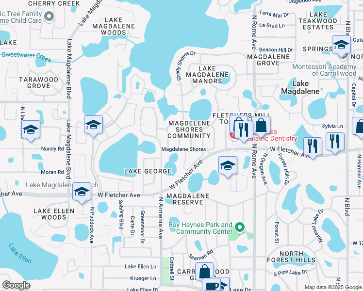 map of restaurants, bars, coffee shops, grocery stores, and more near 13501 Shady Shores Drive in Tampa