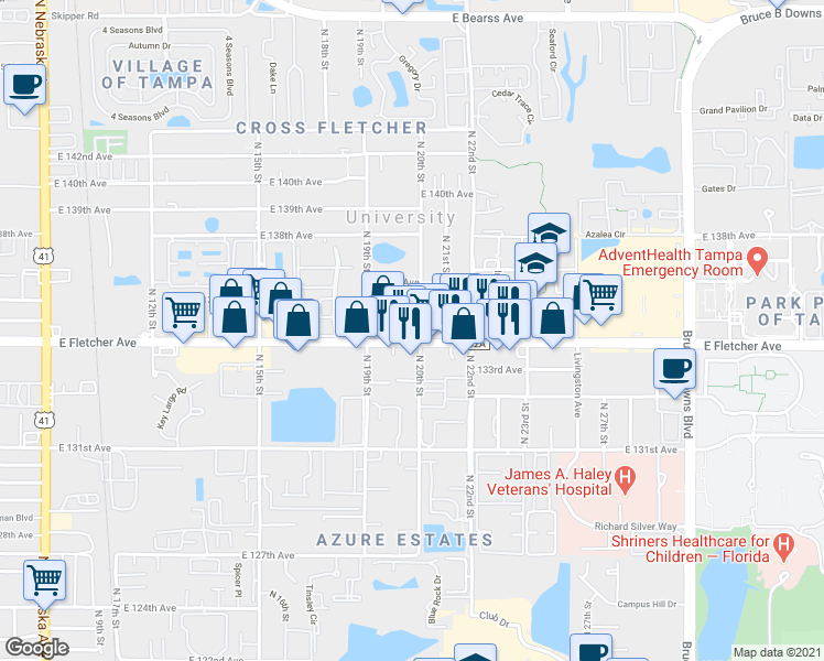 map of restaurants, bars, coffee shops, grocery stores, and more near 1916 E Fletcher Ave in Tampa