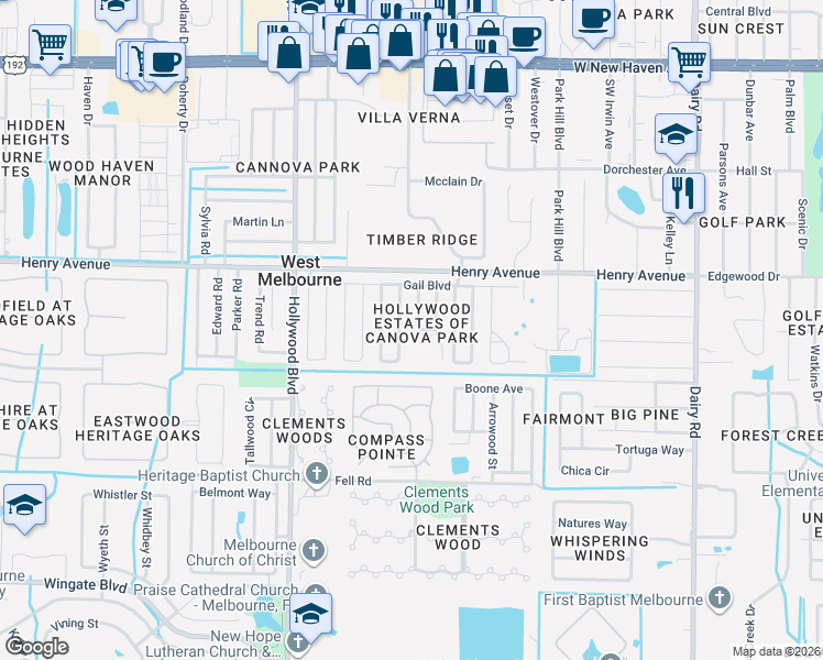 map of restaurants, bars, coffee shops, grocery stores, and more near 518 Kimberly Circle in Melbourne