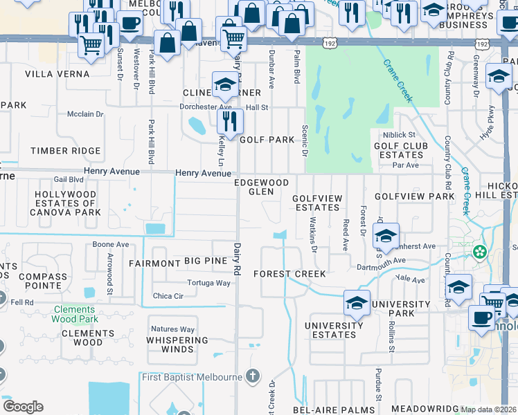 map of restaurants, bars, coffee shops, grocery stores, and more near 2604 Senator Way in Melbourne
