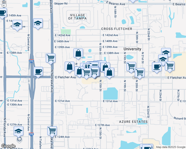map of restaurants, bars, coffee shops, grocery stores, and more near 1402 East Fletcher Avenue in Tampa