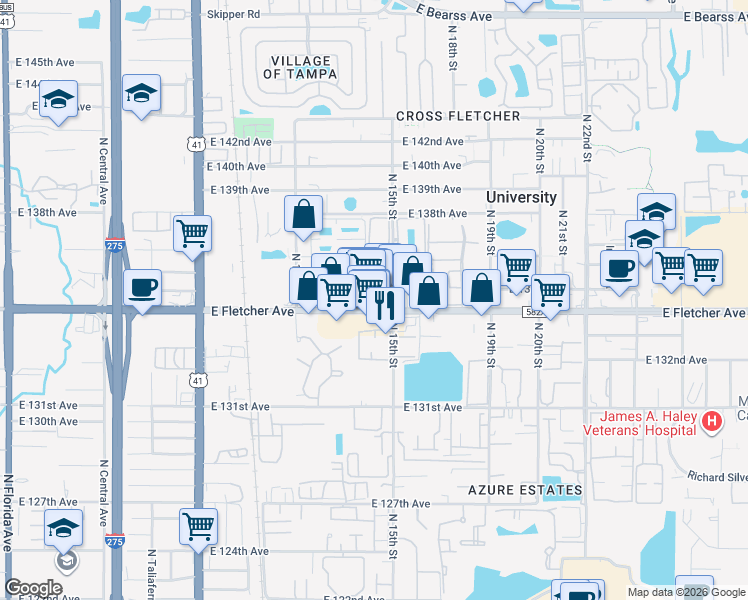 map of restaurants, bars, coffee shops, grocery stores, and more near 1430 East Fletcher Avenue in Tampa