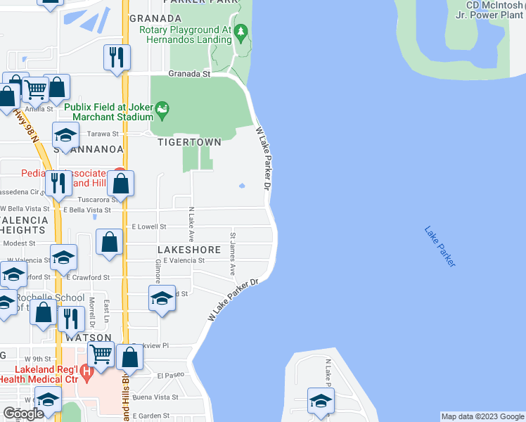 map of restaurants, bars, coffee shops, grocery stores, and more near 1938 West Lake Parker Drive in Lakeland