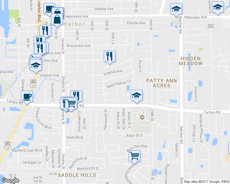 map of restaurants, bars, coffee shops, grocery stores, and more near 234 Alpine Court in Palm Harbor