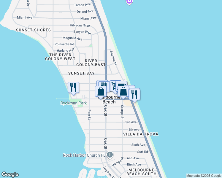 map of restaurants, bars, coffee shops, grocery stores, and more near 328 Avenue A in Melbourne Beach
