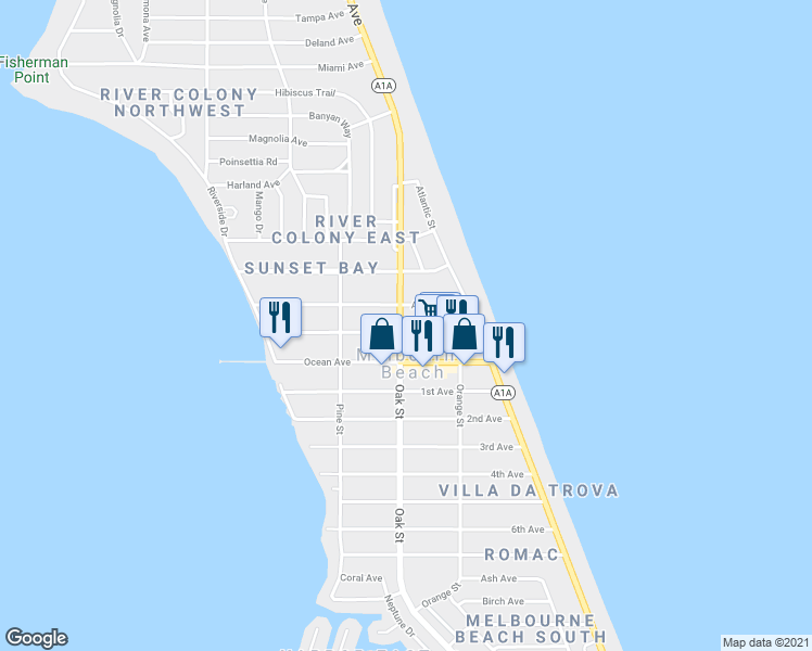 map of restaurants, bars, coffee shops, grocery stores, and more near 328 Avenue A in Melbourne Beach