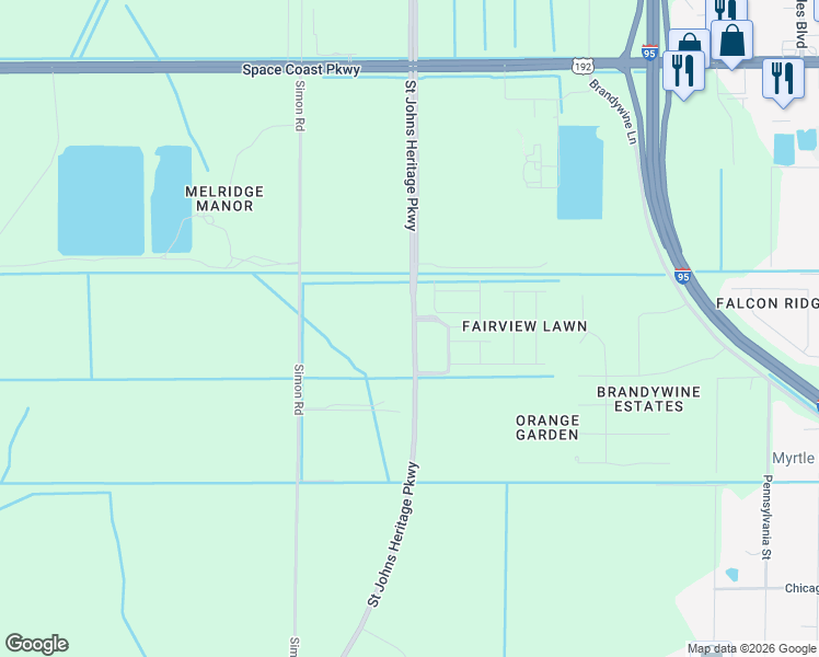 map of restaurants, bars, coffee shops, grocery stores, and more near 2505 Simon Road in Melbourne