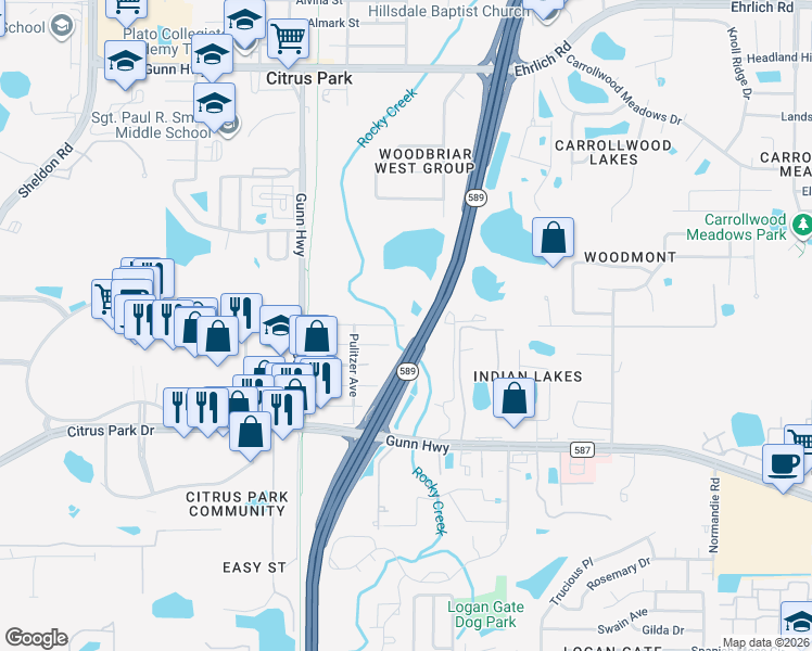 map of restaurants, bars, coffee shops, grocery stores, and more near 7303 Mount Vernon Road in Tampa