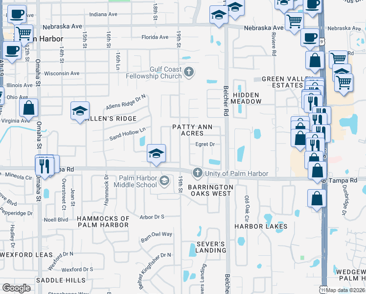map of restaurants, bars, coffee shops, grocery stores, and more near 196 Cherry Laurel Drive in Palm Harbor