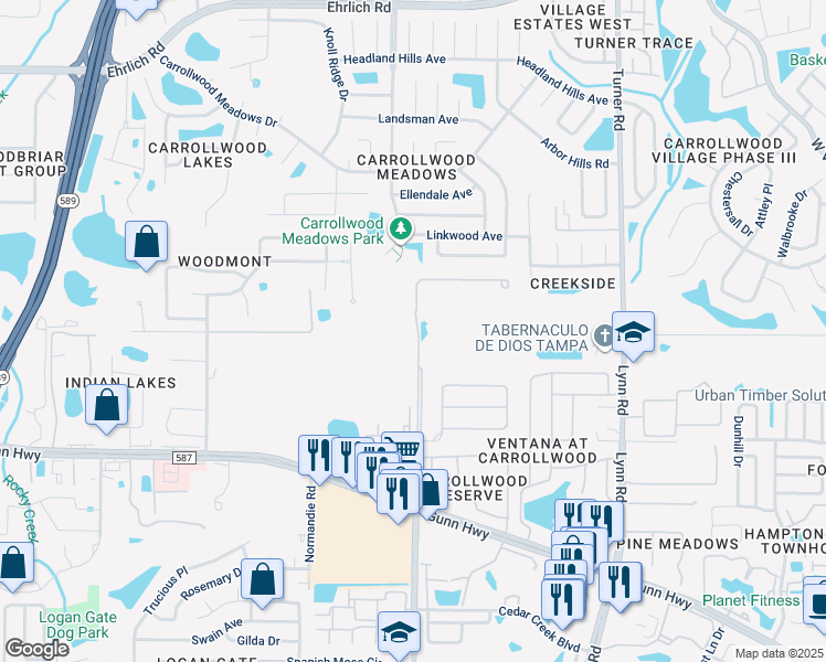 map of restaurants, bars, coffee shops, grocery stores, and more near 13306 Canopy Creek Drive in Tampa