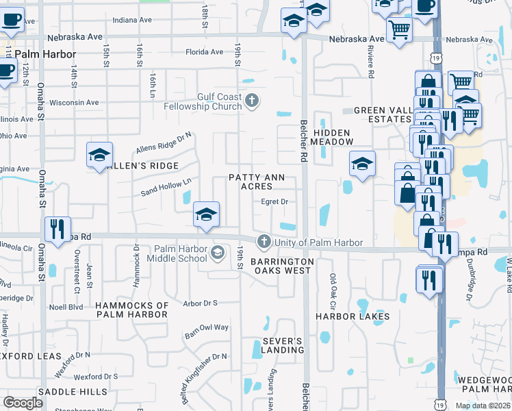 map of restaurants, bars, coffee shops, grocery stores, and more near 50 Ibis Place in Palm Harbor