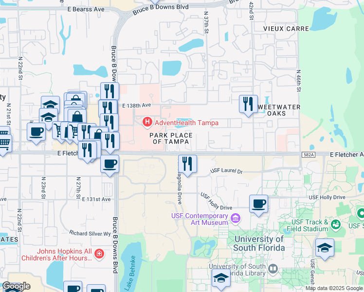 map of restaurants, bars, coffee shops, grocery stores, and more near 3450 East Fletcher Avenue in Tampa