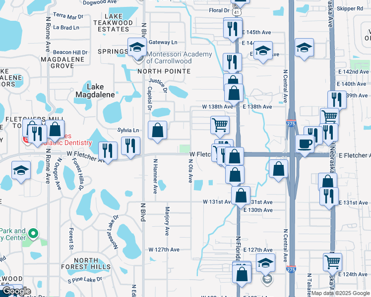 map of restaurants, bars, coffee shops, grocery stores, and more near 13510 North Ola Avenue in Tampa
