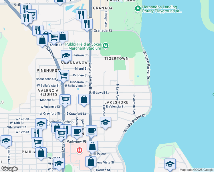 map of restaurants, bars, coffee shops, grocery stores, and more near East Bella Vista Street in Lakeland
