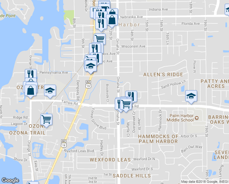 map of restaurants, bars, coffee shops, grocery stores, and more near 241 Omaha St in Palm Harbor
